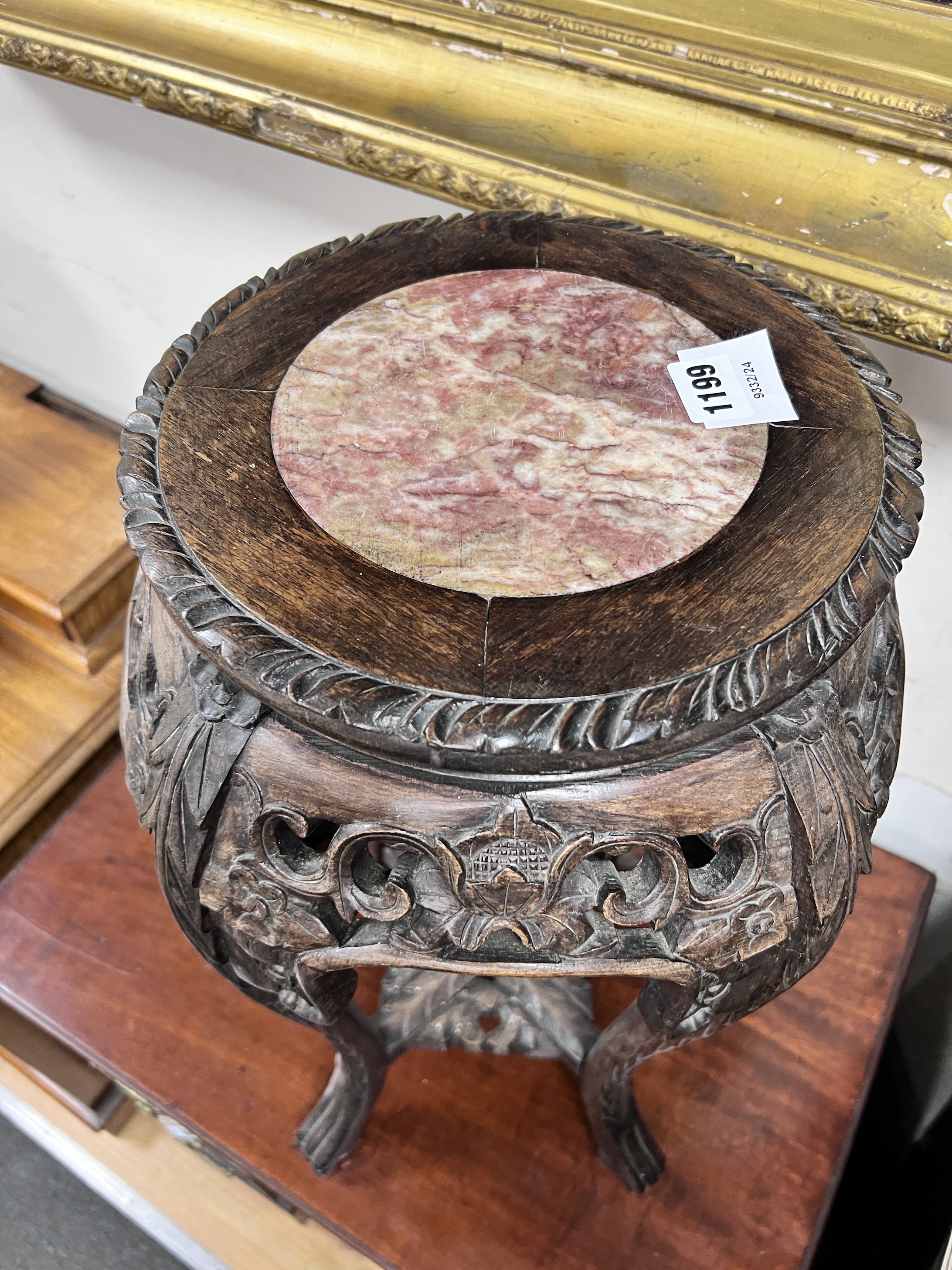 A Chinese marble inset hardwood vase stand, height 61cm